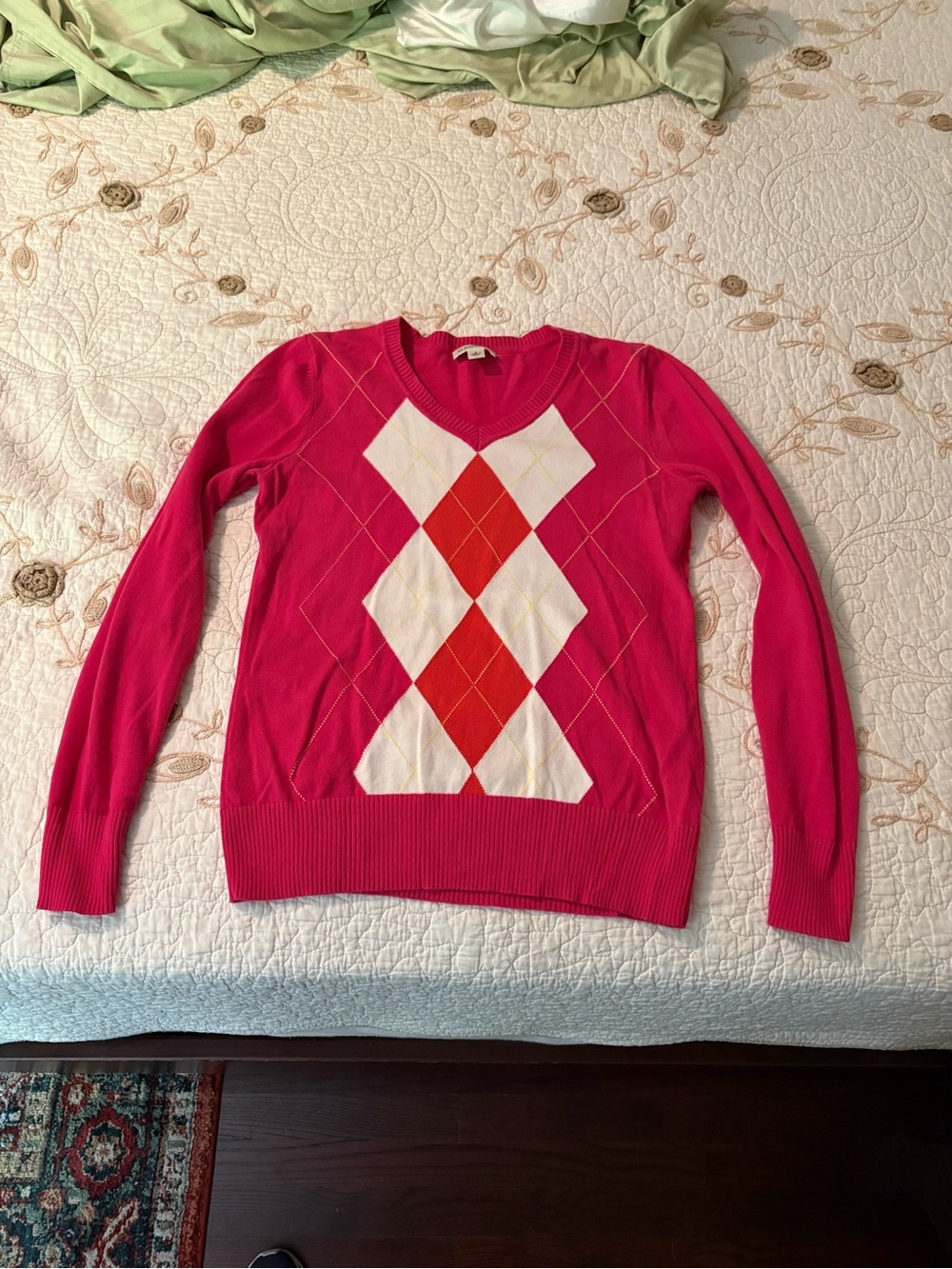 St. John's Bay Pink V-Neck Argyle Sweater with Red and White Diamonds